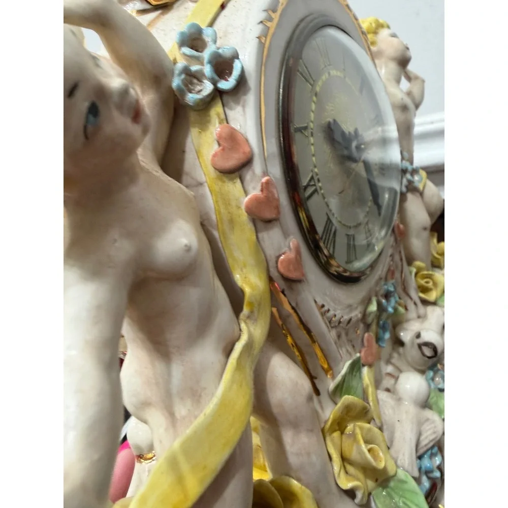 Vintage Lanshire Porcelain Mantel Clock Cherubs Doves‎ Roses Gold Gilt Electric
